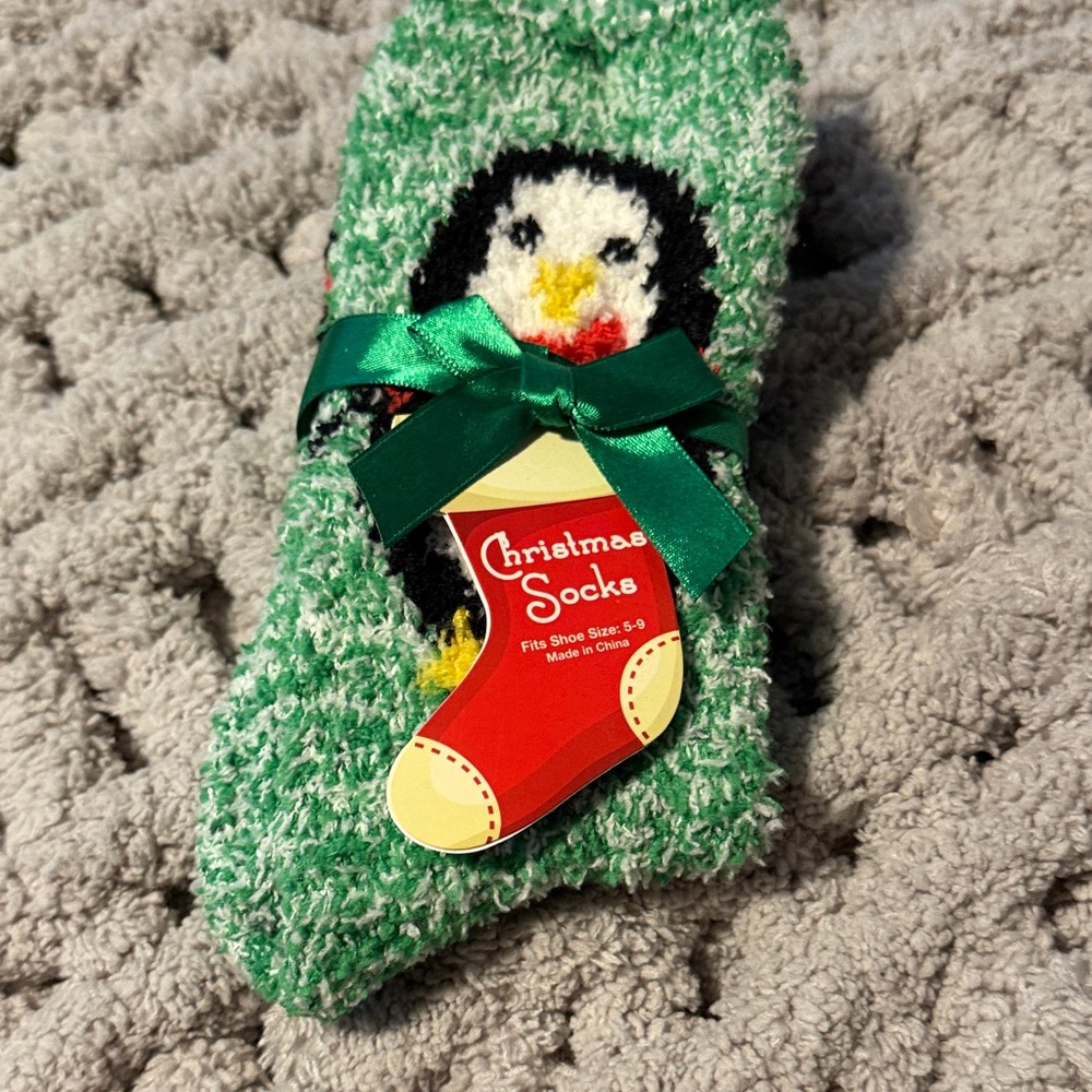 Green Fuzzy Christmas Socks with Penguin Design